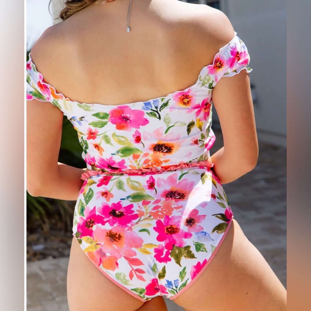 Coral Reef Size Large 3 Piece Floral Pink High-Waist Bikini Set Women Swim NWOT - Picture 3 of 9